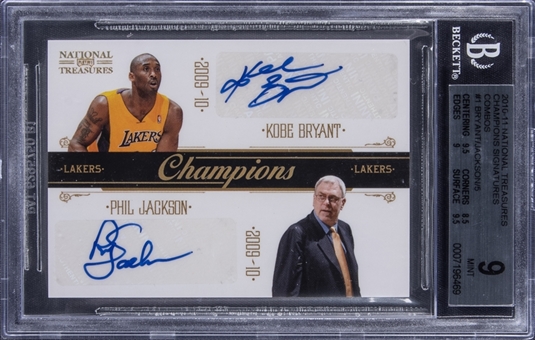 2010-11 National Treasures "Champions" Signatures Combos #1 Kobe Bryant/Phil Jackson Dual Signed Card (#1/5) – BGS MINT 9/BGS 9